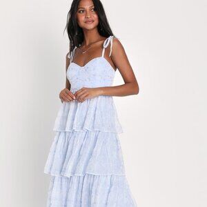 Lulus Vineyard Visit Blue Embroidered Tie-strap Tiered Midi Dress - Size S